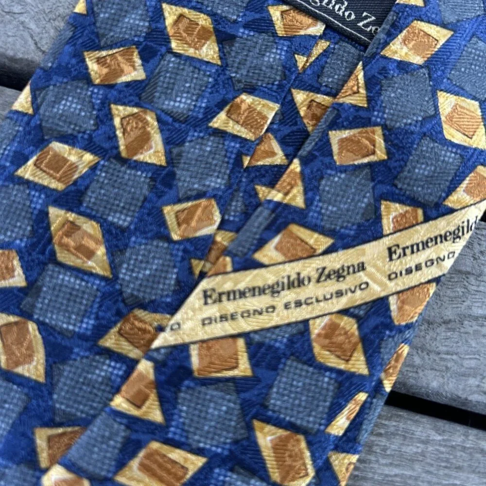 Ermenegildo Zegna Men's Italian 100% Silk Vintage Blue Geometric Luxury Tie